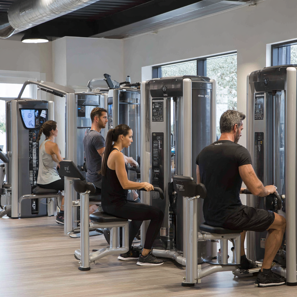 Adults using modern fitness equipment in professional training environment