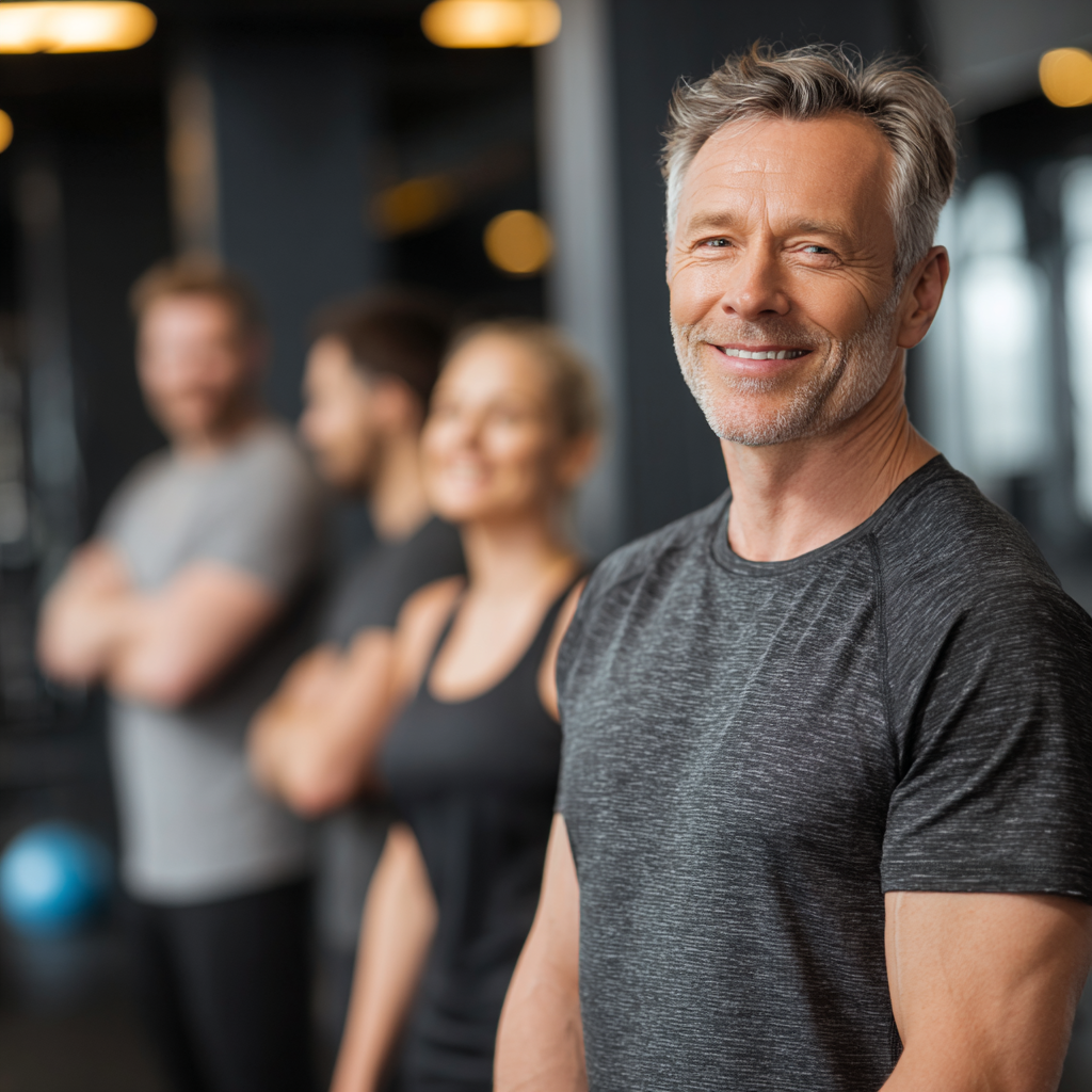 Professional fitness instructor training with middle-aged clients in modern gym environment